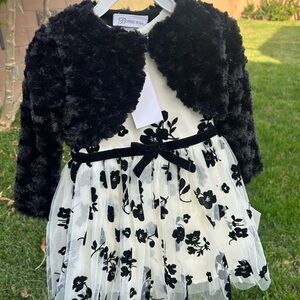 Bonnie Jean Black and White Floral Dress with Faux Fur Jacket